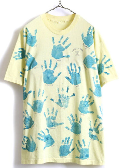 90s メモリアル 手形 総柄 オールオーバー プリント 半袖 Tシャツ (XL程)
