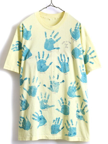 90s メモリアル 手形 総柄 オールオーバー プリント 半袖 Tシャツ (XL程)