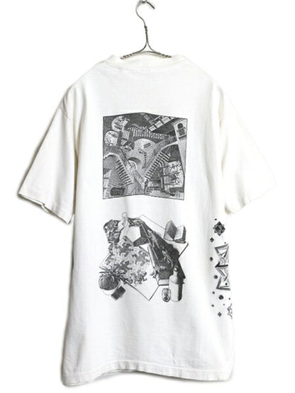 80s USA製 ★ エッシャー アート イラスト プリント Tシャツ メンズ XL～ ヴィンテージ 当時物 オフィシャル 芸術 だまし絵 グラフィック 白