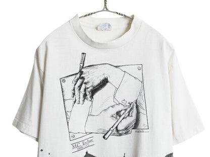 80s USA製 ★ エッシャー アート イラスト プリント Tシャツ メンズ XL～ ヴィンテージ 当時物 オフィシャル 芸術 だまし絵 グラフィック 白
