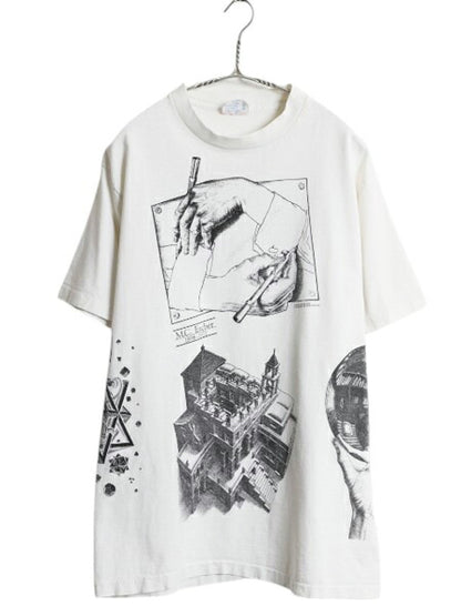 80s USA製 ★ エッシャー アート イラスト プリント Tシャツ メンズ XL～ ヴィンテージ 当時物 オフィシャル 芸術 だまし絵 グラフィック 白