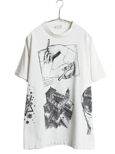 80s USA製 ★ エッシャー アート イラスト プリント Tシャツ メンズ XL～ ヴィンテージ 当時物 オフィシャル 芸術 だまし絵 グラフィック 白