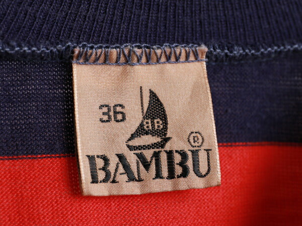 70s ★ Bambu バンブー ワイド ボーダー 柄 ワンポイント プリント 半袖 Tシャツ ( メンズ 男性 S程 ) 70年代 ビンテージ 古着 USED