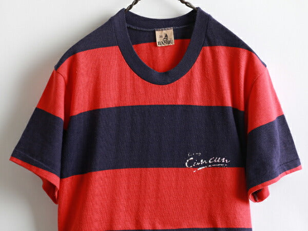 70s ★ Bambu バンブー ワイド ボーダー 柄 ワンポイント プリント 半袖 Tシャツ ( メンズ 男性 S程 ) 70年代 ビンテージ 古着 USED