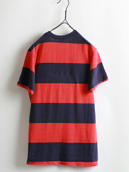 70s ★ Bambu バンブー ワイド ボーダー 柄 ワンポイント プリント 半袖 Tシャツ ( メンズ 男性 S程 ) 70年代 ビンテージ 古着 USED