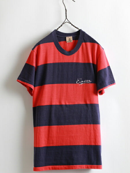 70s ★ Bambu バンブー ワイド ボーダー 柄 ワンポイント プリント 半袖 Tシャツ ( メンズ 男性 S程 ) 70年代 ビンテージ 古着 USED