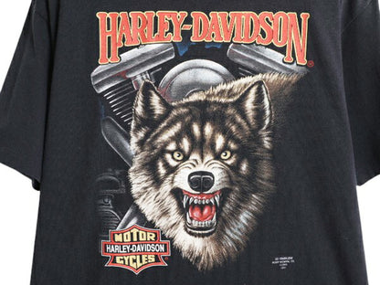 90s USA製 ★ 3Dエンブレム ハーレー ダビッドソン ウルフ プリント Tシャツ メンズ XL～ / 古着 オールド オフィシャル バイク アニマル 黒