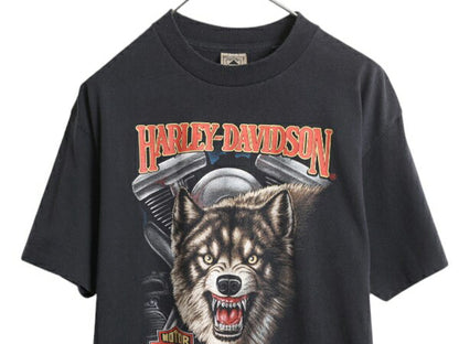 90s USA製 ★ 3Dエンブレム ハーレー ダビッドソン ウルフ プリント Tシャツ メンズ XL～ / 古着 オールド オフィシャル バイク アニマル 黒