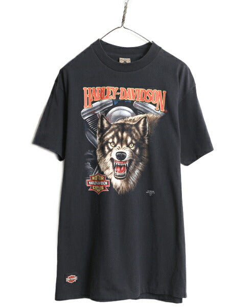 90s USA製 ★ 3Dエンブレム ハーレー ダビッドソン ウルフ プリント Tシャツ メンズ XL～ / 古着 オールド オフィシャル バイク アニマル 黒