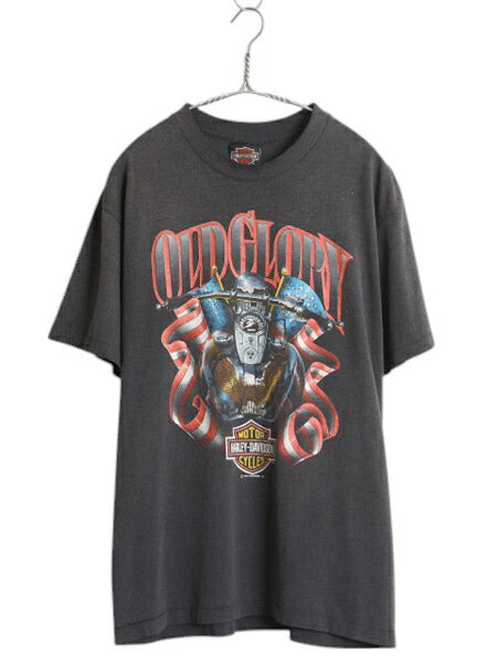 90s USA製 ★ ハーレー ダビッドソン イラスト プリント Tシャツ メンズ L 古着 オールド オフィシャル バイク 星条旗 イーグル アート 黒