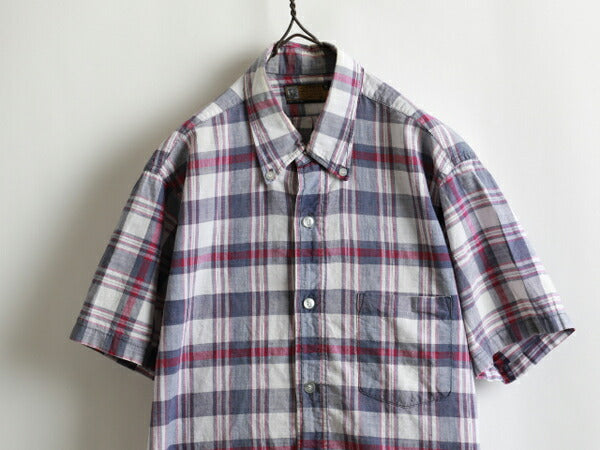 60s ★ HAMPTON INDUSTRIES ハンプトン インディアン マドラス チェック 柄 半袖 コットン ボタンダウン シャツ ( メンズ 男性 M ) 60年代