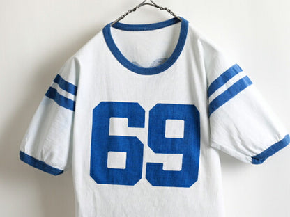60s ★ ナンバリング 両面 染み込み プリント 半袖 コットン フットボール Tシャツ ( メンズ 男性 S～M程 ) 60年代 ビンテージ 古着 USED