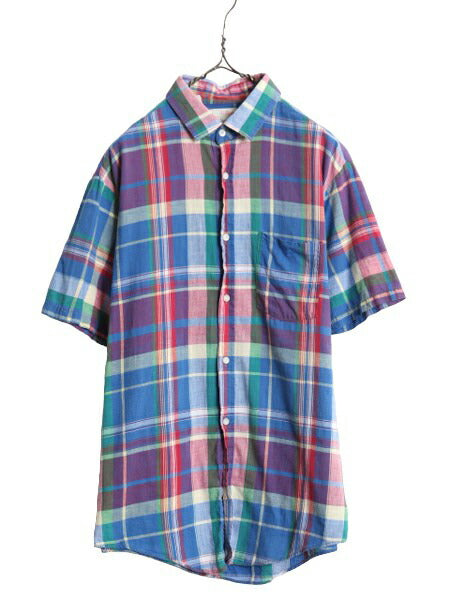70s 80s USA製 ★ インディア マドラス チェック 半袖 シャツ メンズ L / 70年代 80年代 ヴィンテージ コットン マルチカラー ポケット付き