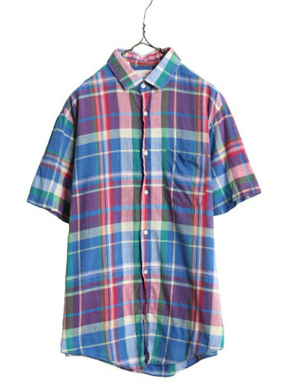 70s 80s USA製 ★ インディア マドラス チェック 半袖 シャツ メンズ L / 70年代 80年代 ヴィンテージ コットン マルチカラー ポケット付き