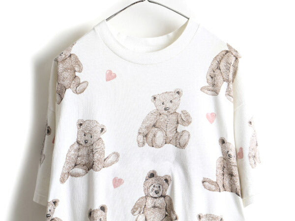 90s rel.e.vant.products 熊 人形 総柄 オールオーバー プリント 半袖 Tシャツ (XL)