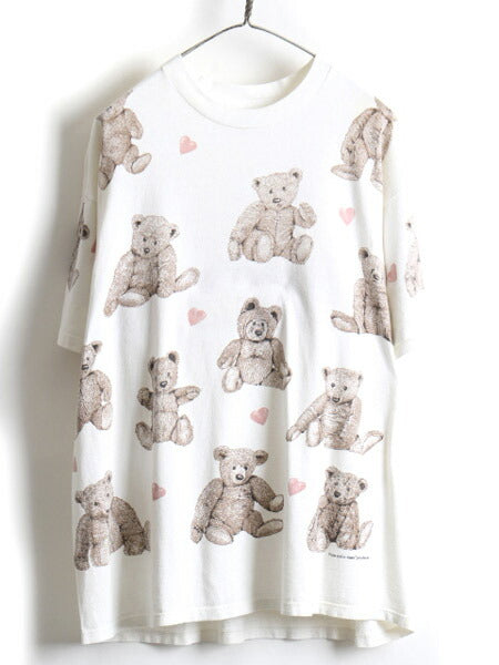 90s rel.e.vant.products 熊 人形 総柄 オールオーバー プリント 半袖 Tシャツ (XL)