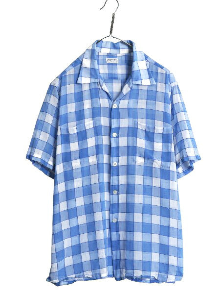50s ★ チェック シースルー オープンカラー シャツ メンズ L 古着 ヴィンテージ ループ留め 開襟 ボックス コットン 透け感 ポケット付き