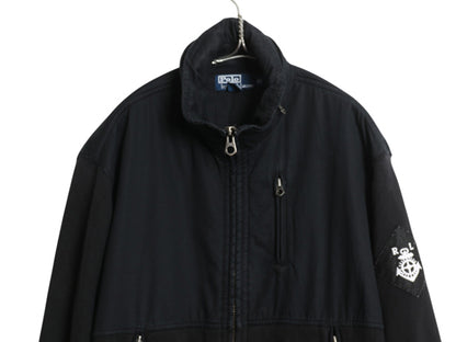 00s ポロ ラルフローレン スウェット コットン 切替 ジャケット メンズ XL オールド 収納フード ブルゾン 裏起毛 大きいサイズ 黒 ワッペン