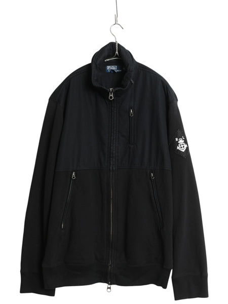 00s ポロ ラルフローレン スウェット コットン 切替 ジャケット メンズ XL オールド 収納フード ブルゾン 裏起毛 大きいサイズ 黒 ワッペン