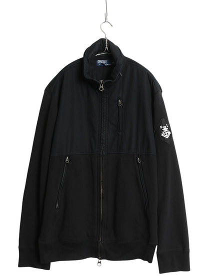00s ポロ ラルフローレン スウェット コットン 切替 ジャケット メンズ XL オールド 収納フード ブルゾン 裏起毛 大きいサイズ 黒 ワッペン