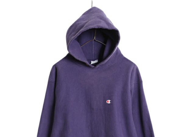 90s USA製 ★ チャンピオン リバースウィーブ スウェット フード パーカー メンズ XXL 古着 オールド フーディ ワンポイント 目付き ナス紺