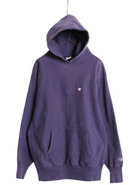 90s USA製 ★ チャンピオン リバースウィーブ スウェット フード パーカー メンズ XXL 古着 オールド フーディ ワンポイント 目付き ナス紺