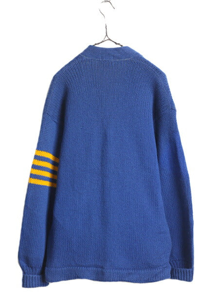 40s 50s ★ ウール レタード ニット カーディガン メンズ L 程/ 古着 40年代 50年代 ヴィンテージ リブ長 パチポケ アワード セーター 青
