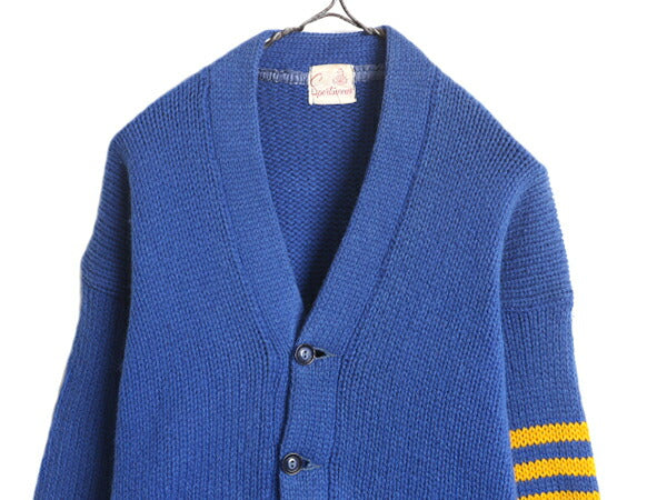 40s 50s ★ ウール レタード ニット カーディガン メンズ L 程/ 古着 40年代 50年代 ヴィンテージ リブ長 パチポケ アワード セーター 青