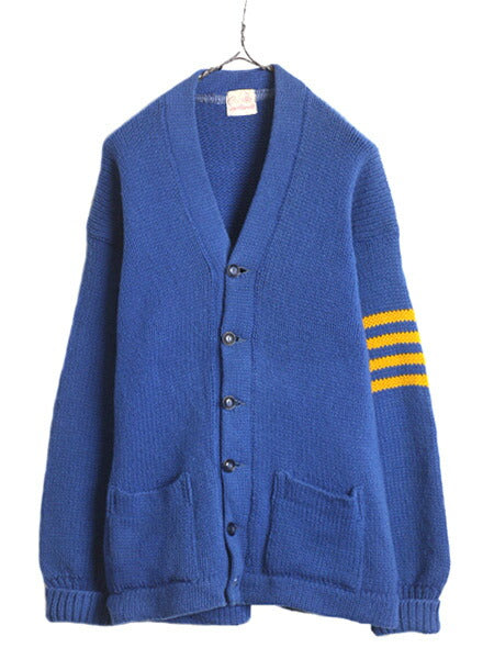 40s 50s ★ ウール レタード ニット カーディガン メンズ L 程/ 古着 40年代 50年代 ヴィンテージ リブ長 パチポケ アワード セーター 青