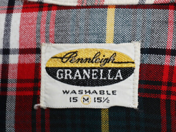 60s ★ Pennleigh チェック レーヨン オープンカラー シャツ メンズ M ヴィンテージ ループ留め 開襟 ボックス ポケット付き マルチカラー