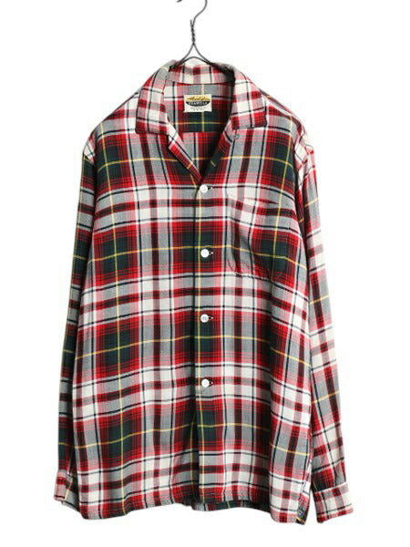 60s ★ Pennleigh チェック レーヨン オープンカラー シャツ メンズ M ヴィンテージ ループ留め 開襟 ボックス ポケット付き マルチカラー