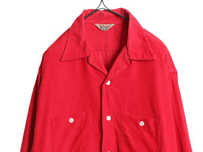 50s ★ BUD BERMA コーデュロイ オープンカラー シャツ メンズ XL / 古着 ヴィンテージ ループ留め 開襟 ボックス 細畝 コットン 無地 赤