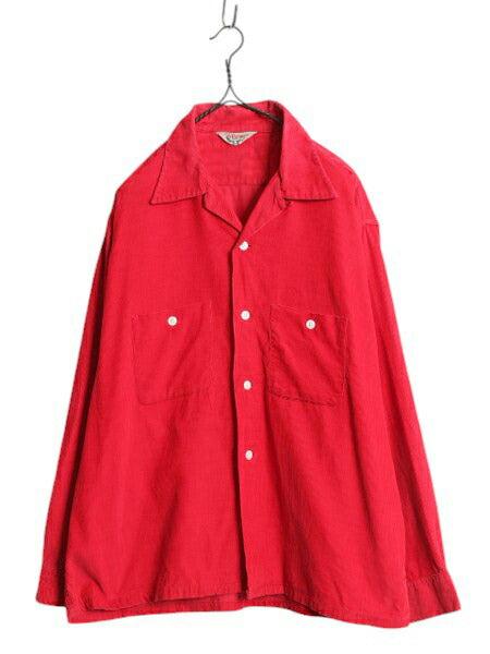 50s ★ BUD BERMA コーデュロイ オープンカラー シャツ メンズ XL / 古着 ヴィンテージ ループ留め 開襟 ボックス 細畝 コットン 無地 赤