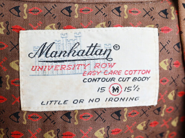 60's ビンテージ ★ Manhattan マンハッタン 長袖 総柄 コットン ボタンダウン シャツ ( メンズ 男性 M ) 60年代 古着 ブラウン 茶