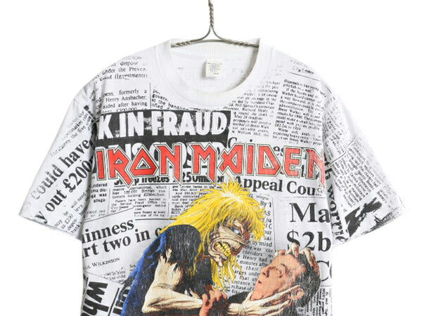 90s USA製 ★ アイアンメイデン オールオーバー プリント Tシャツ メンズ L / 古着 オフィシャル 当時物 バンド ロック シングルステッチ