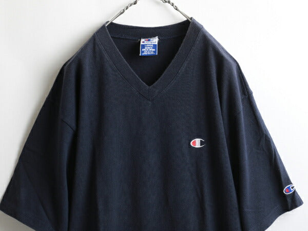 90s USA製 ★ Champion チャンピオン コットン 無地 Vネック 半袖 Tシャツ ( メンズ 男性 L ) 90年代 アメリカ製 紺 古着 USED ソリッド