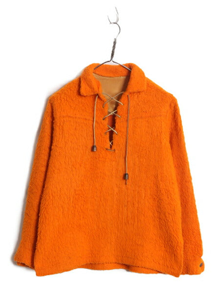 50s 60s ★ レースアップ フェイクファー プルオーバー シャツ メンズ レディース M 程/ ヴィンテージ コディアック パイル フリース 無地