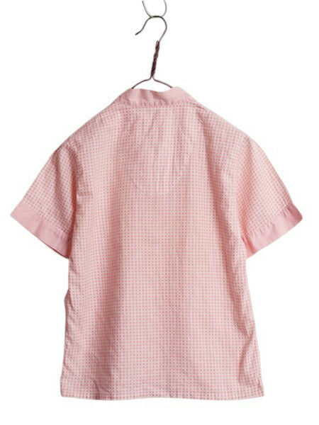 60s ★ ドット 総柄 コットン パジャマ シャツ レディース S 古着 ヴィンテージ スリーピング 半袖シャツ ノーカラー Vネック ピンク 薄手