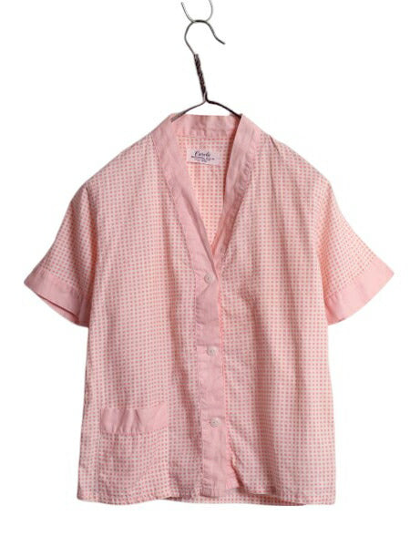 60s ★ ドット 総柄 コットン パジャマ シャツ レディース S 古着 ヴィンテージ スリーピング 半袖シャツ ノーカラー Vネック ピンク 薄手