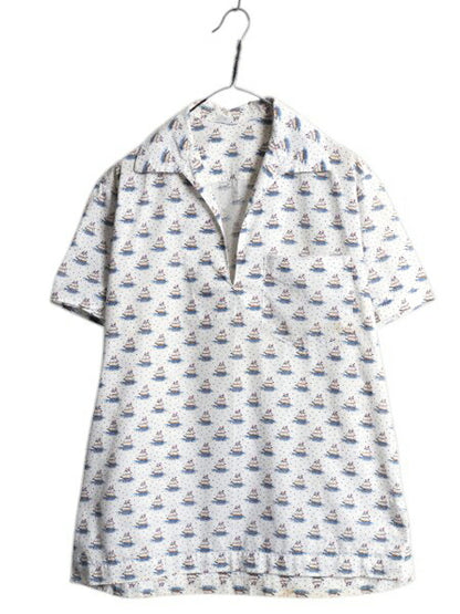 60s 70s ★ 総柄 コットン 半袖 スキッパー シャツ メンズ L / 古着 ヴィンテージ プルオーバー オープンカラー ボックス マリン 船 スター