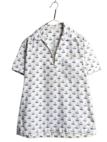 60s 70s ★ 総柄 コットン 半袖 スキッパー シャツ メンズ L / 古着 ヴィンテージ プルオーバー オープンカラー ボックス マリン 船 スター