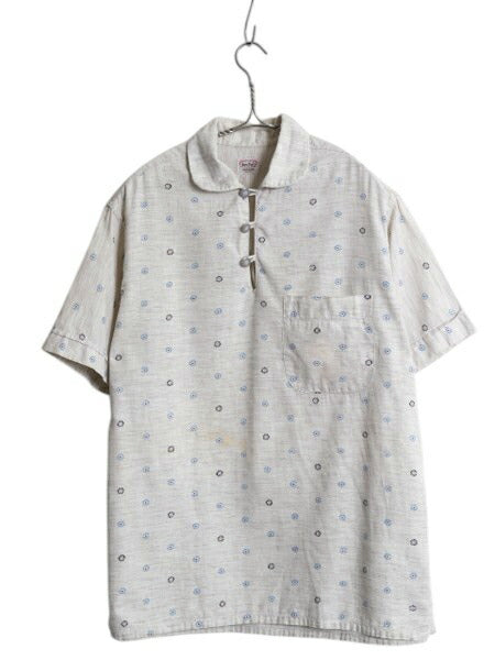 50s ★ TruVal 総柄 プルオーバー 半袖 オープンカラー シャツ メンズ M ヴィンテージ カスリ 小紋柄 ループ留め 開襟 スキッパー ボックス