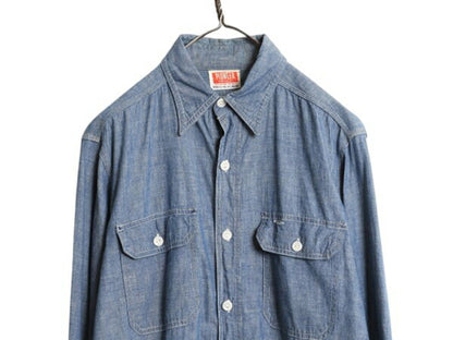 40s ★ パイオニア シャンブレー シャツ メンズ XL 程/ 古着 ヴィンテージ ワーク 100% コットン マチ付き カスタムメイド ハンドペイント