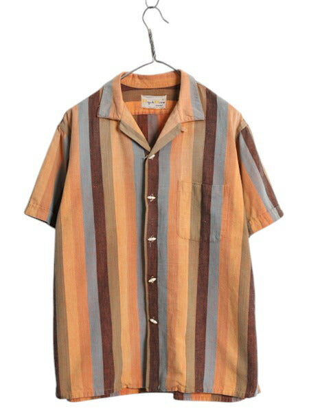 50s 60s ★ ストライプ コットン オープンカラー シャツ メンズ XL / 古着 ヴィンテージ 半袖シャツ ループ留め 開襟 ボックス メキシコ製