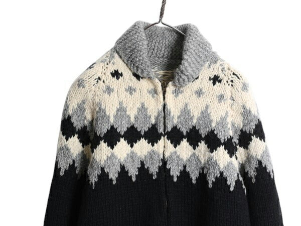 50s 60s ★ ノルディック ウール カウチン セーター メンズ S / 古着 ヴィンテージ フルジップ ニット カーディガン ジャケット モノトーン