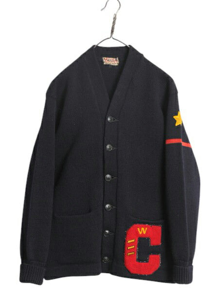40s 50s ★ レタード ニット カーディガン メンズ M 古着 ヴィンテージ ウール アワード セーター カレッジ スター サガラ ワッペン 黒 赤