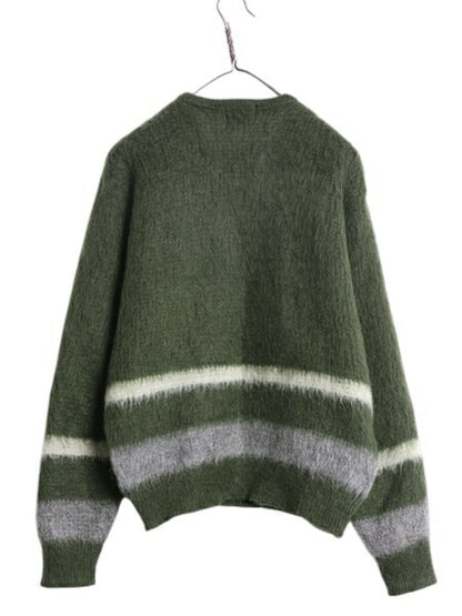 60s ★ Harridge Row Vネック モヘア ニット セーター メンズ M / 古着 60年代 ヴィンテージ 毛足 毛長 シャギー プルオーバー ボーダー 緑