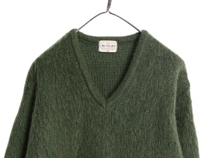 60s ★ Harridge Row Vネック モヘア ニット セーター メンズ M / 古着 60年代 ヴィンテージ 毛足 毛長 シャギー プルオーバー ボーダー 緑