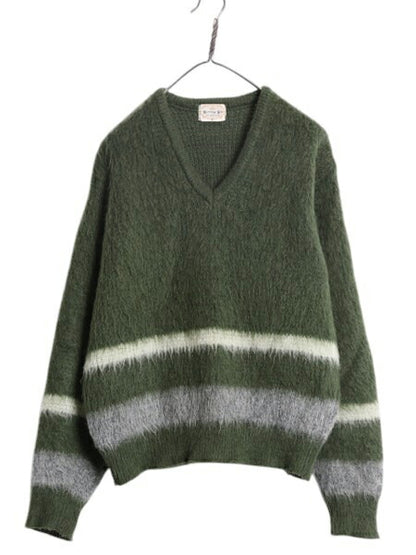 60s ★ Harridge Row Vネック モヘア ニット セーター メンズ M / 古着 60年代 ヴィンテージ 毛足 毛長 シャギー プルオーバー ボーダー 緑