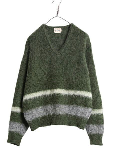 60s ★ Harridge Row Vネック モヘア ニット セーター メンズ M / 古着 60年代 ヴィンテージ 毛足 毛長 シャギー プルオーバー ボーダー 緑